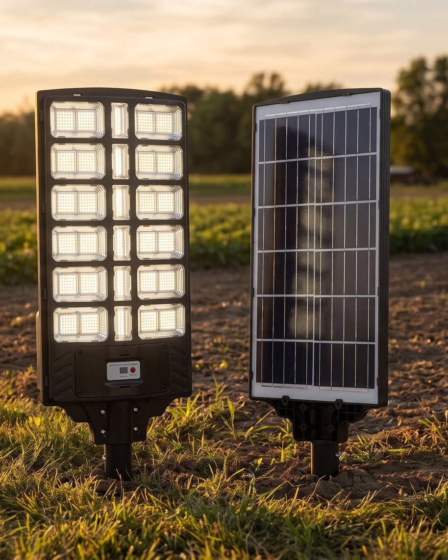 2500W Ultra solar street light and its tilting solar panel standing in a farm field at sunset
