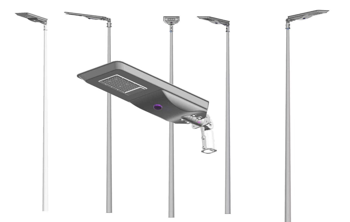 Commercial solar street light installed and lit at night