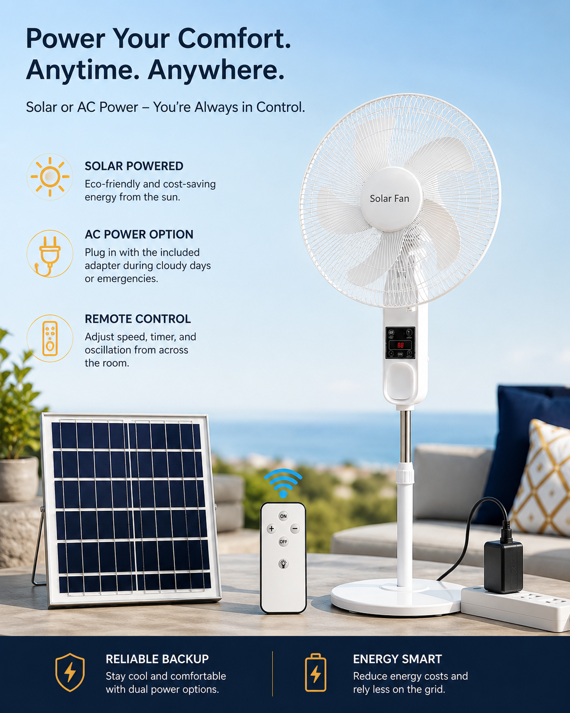 Solar fan with solar panel and remote, 6 speeds and night light – view 2