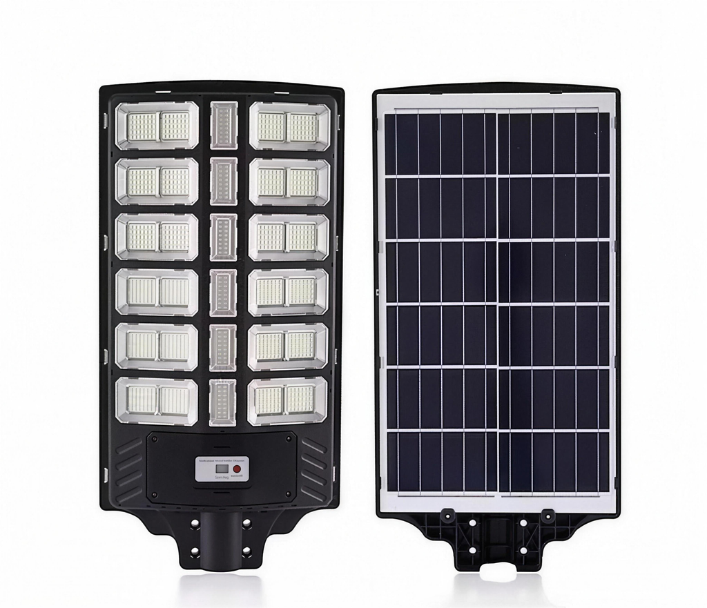 2500W Ultra Solar Street Light shown from the front and back, with the integrated solar panel
