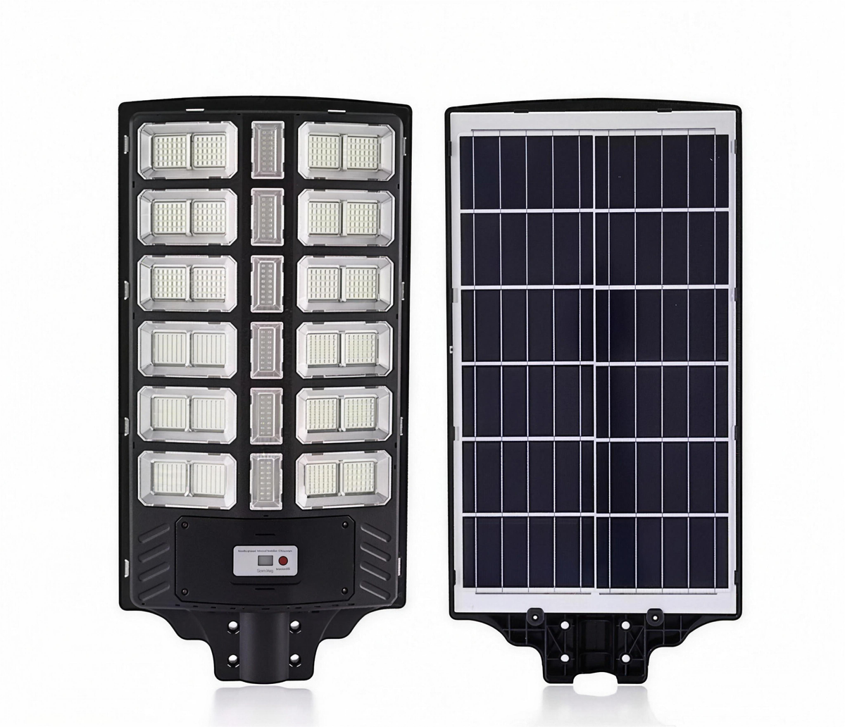2500W Ultra Solar Street Light shown from the front and back, with the integrated solar panel